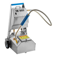 A battery operated oil filtration system with a metal body, plastic tubing, and a label reading 'THE BOSS'.