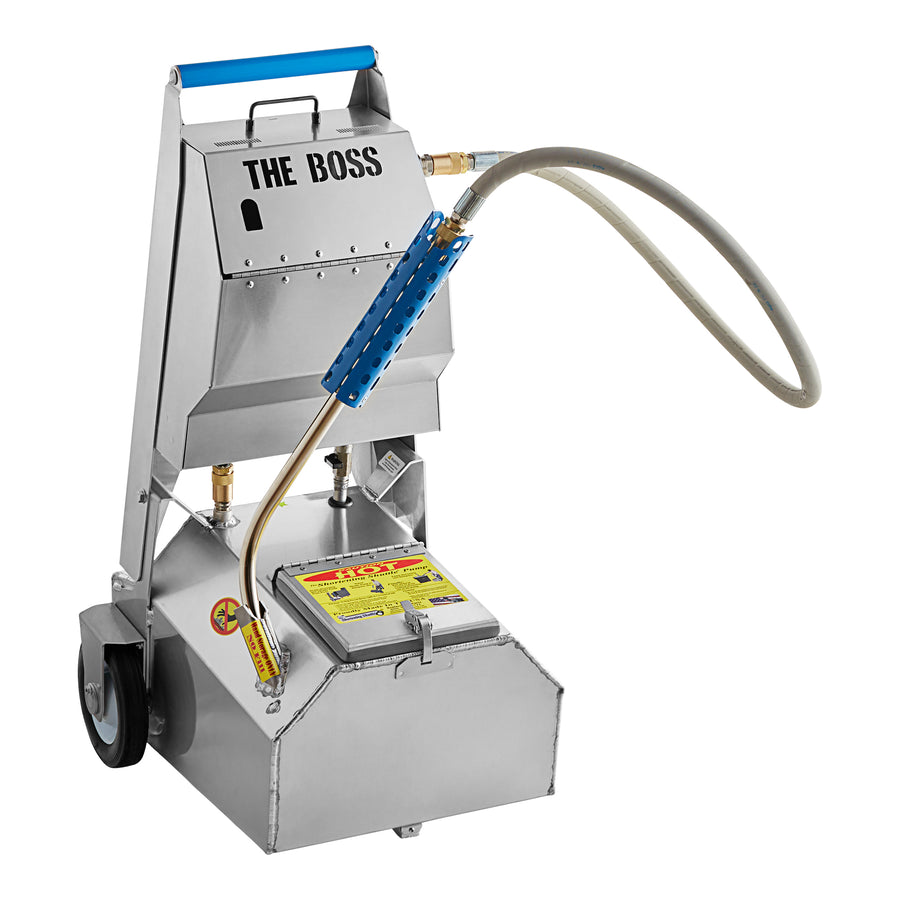 A battery operated oil filtration system with a metal body, plastic tubing, and a label reading 'THE BOSS'.