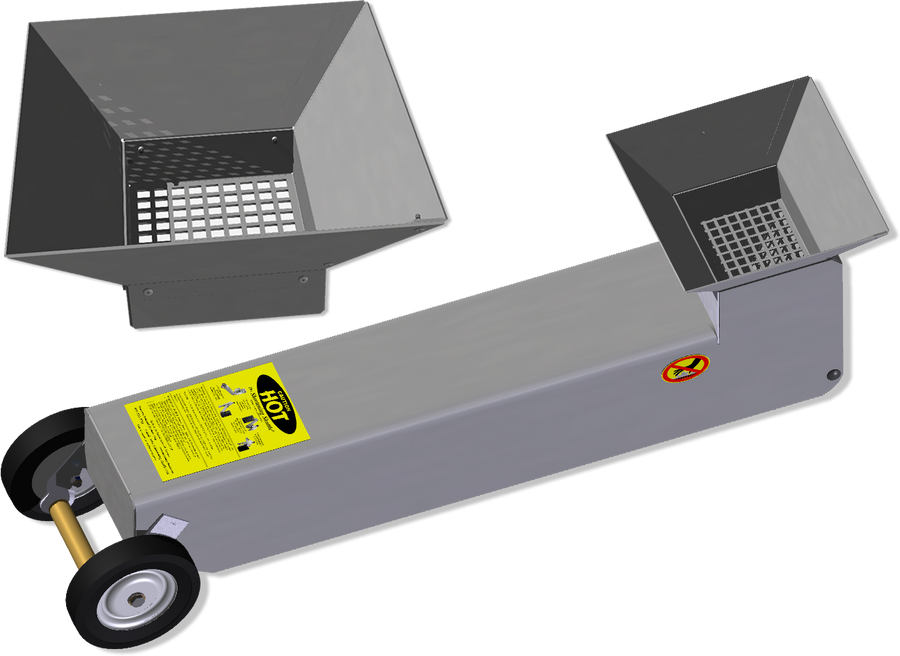 A stainless steel funnel designed for grease pouring from an oil-filled pan or counter-top fryer into a Shortening Shuttle®. The funnel is featured with an open end and a handle, on a white background.