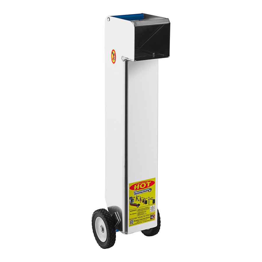 A vertical image of a white oil drain shuttle with black wheels and handles, featuring a yellow warning label that says 'HOT'.