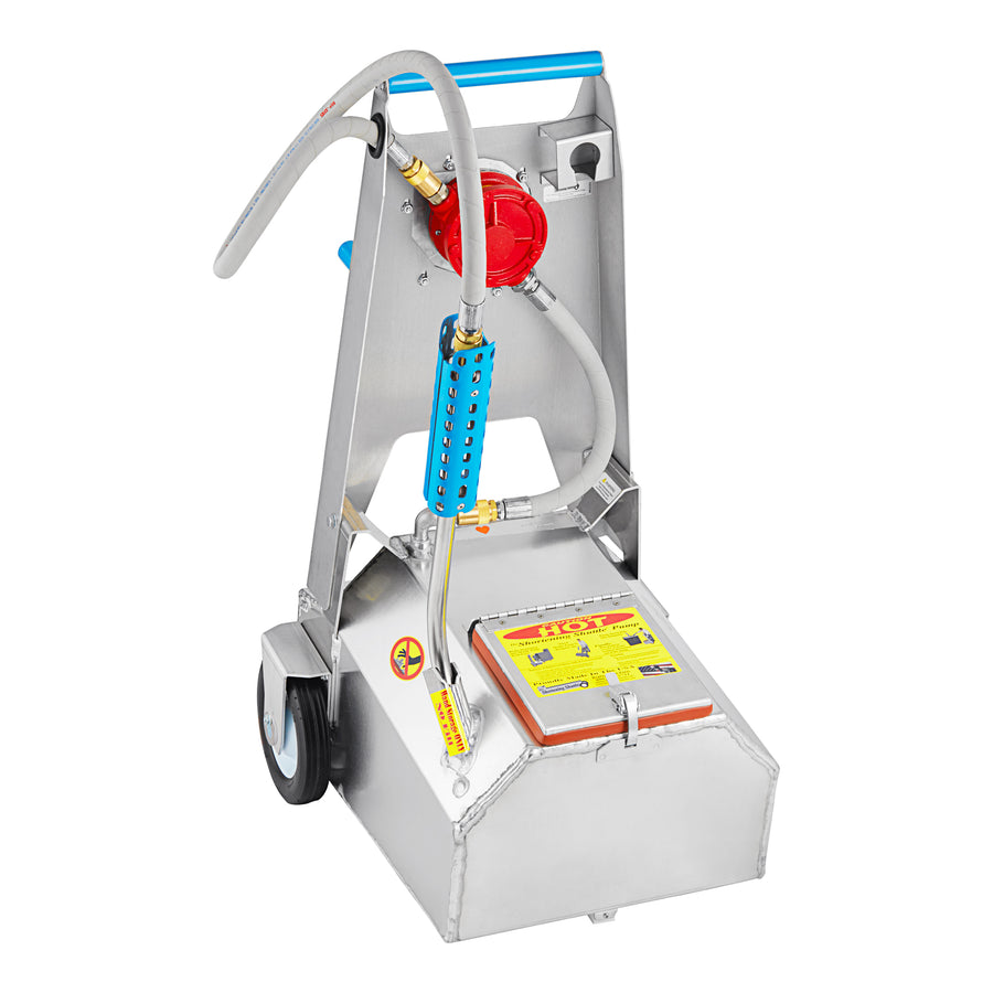 A gray metal waste oil carrier and pump unit with blue and red hoses and a yellow label on the front.