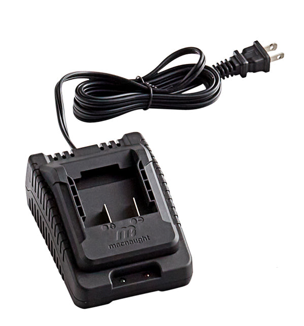 A black battery charger with a power cord and slot for a lithium-ion battery, designed for use with The BOSS pump.