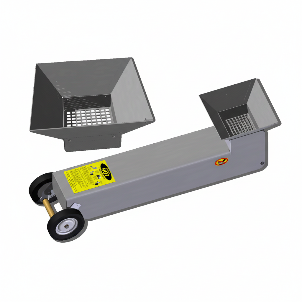 A stainless steel funnel designed for grease pouring from an oil-filled pan or counter-top fryer into a Shortening Shuttle®. The funnel is featured with an open end and a handle, on a white background. — commercial fryer oil management system
