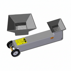 A stainless steel funnel designed for grease pouring from an oil-filled pan or counter-top fryer into a Shortening Shuttle®. The funnel is featured with an open end and a handle, on a white background. — commercial fryer oil management system