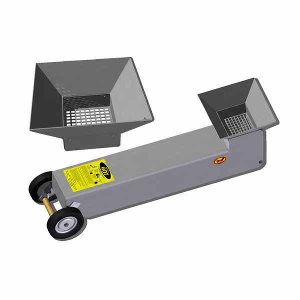 A stainless steel funnel designed for grease pouring from an oil-filled pan or counter-top fryer into a Shortening Shuttle®. The funnel is featured with an open end and a handle, on a white background.