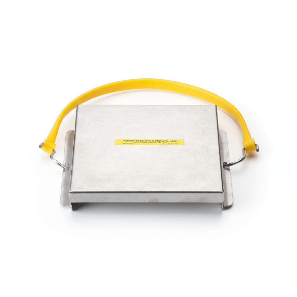 A gray-colored splash guard cover with a yellow handle, designed to prevent liquid splashing during transport. — commercial fryer oil management system
