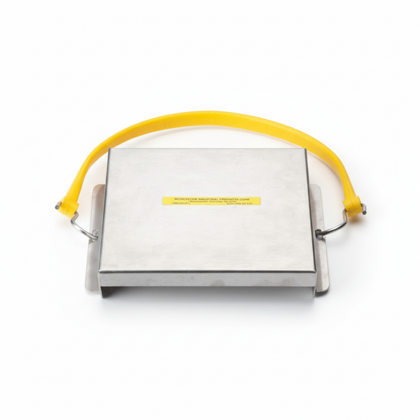 A gray-colored splash guard cover with a yellow handle, designed to prevent liquid splashing during transport.