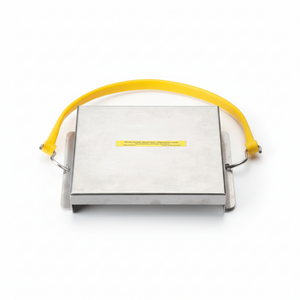 A gray-colored splash guard cover with a yellow handle, designed to prevent liquid splashing during transport.