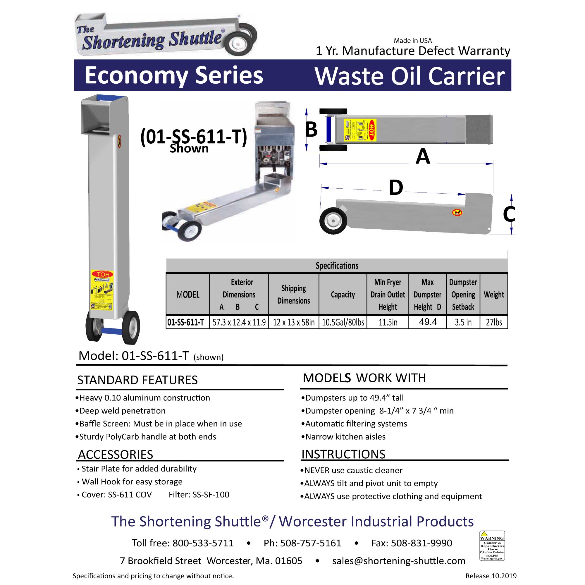 Model SS-611 T · The Shortening Shuttle® Waste Oil Carrier