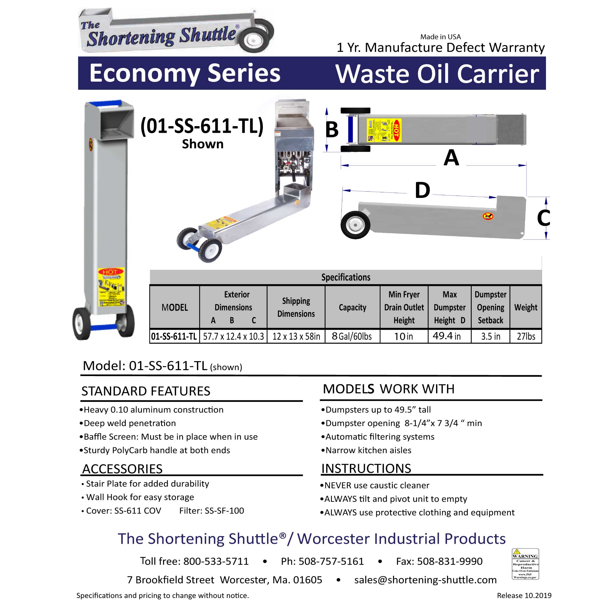 Model SS-611 TL · The Shortening Shuttle® Waste Oil Carrier