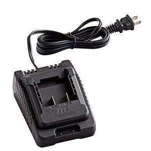 A black battery charger with a power cord and slot for a lithium-ion battery, designed for use with The BOSS pump.