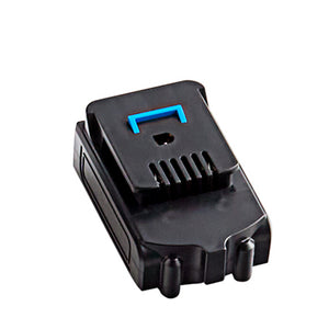 A black rechargeable lithium-ion battery with a visible blue detail, possibly part of a safety or operational feature. — commercial fryer oil management system