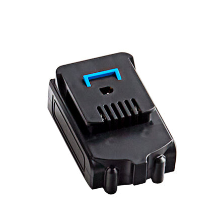 A black rechargeable lithium-ion battery with a visible blue detail, possibly part of a safety or operational feature.