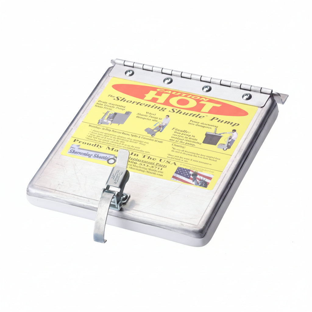A silver-colored metal cover assembly with a yellow label that includes text and the 'Simplicity' brand logo. It is equipped with a hinge and bracket, and appears to be a replacement part for the SS-914W Simplicity Pump Series Model. — commercial fryer oil management system