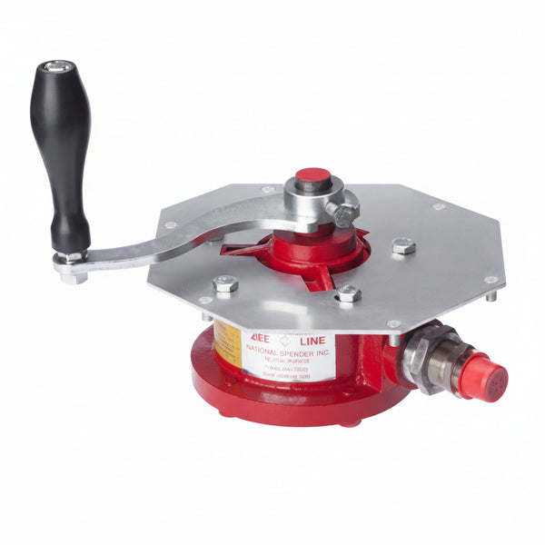 Red Pump Assembly mounted on a hex mounting plate, with a hand crank on the left side and inlet and outlet connections visible.