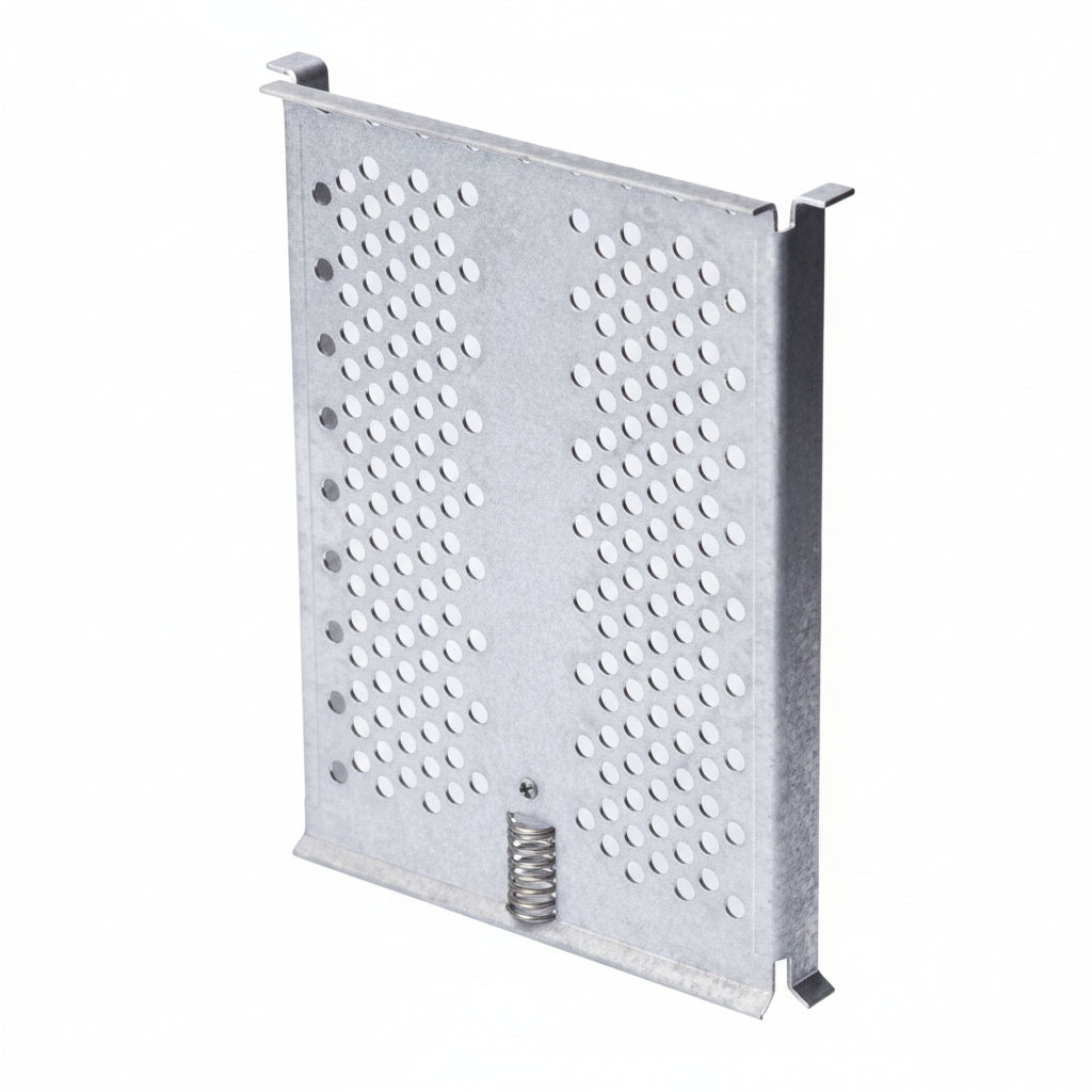 A silver metal baffle screen assembly designed for use with specific Shuttle models for oil drainage. — commercial fryer oil management system