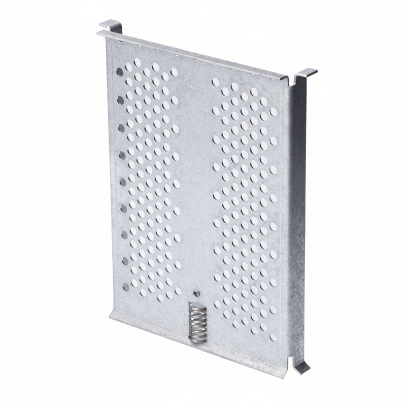 A silver metal baffle screen assembly designed for use with specific Shuttle models for oil drainage.