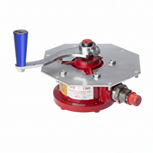 A red and silver metal pump with a blue handle, mounted on a silver hex plate.