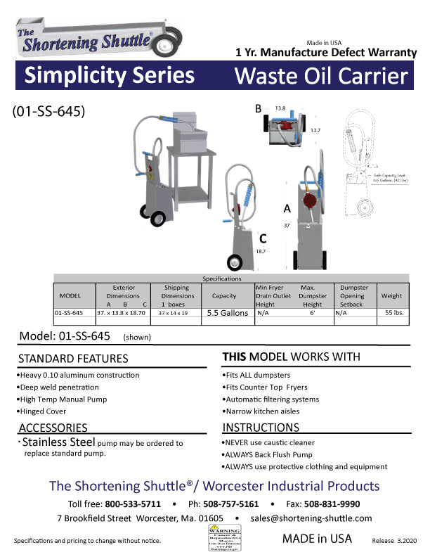 Model SS-645 – The Shortening Shuttle® Waste Oil Carrier