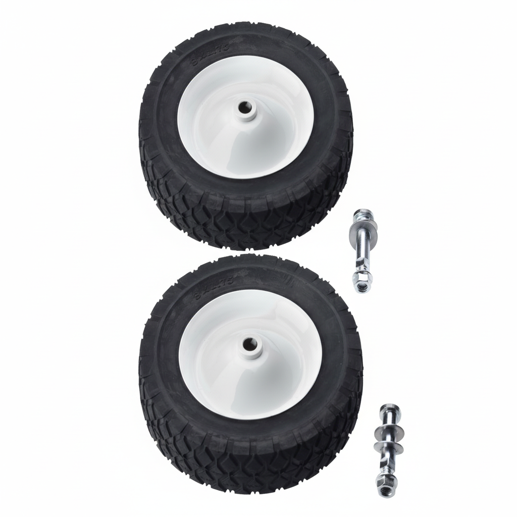 Two 8-inch wheels with ball bearings and accompanying hardware including shuttle pump wheel bolts, flange nuts, and retainer washers. — commercial fryer oil management system