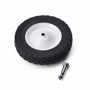 An image showing a single wheel kit which includes an 8-inch wheel and mounting hardware consisting of a wheel bolt, wheel bolt washers, and a flange nut. — commercial fryer oil management system