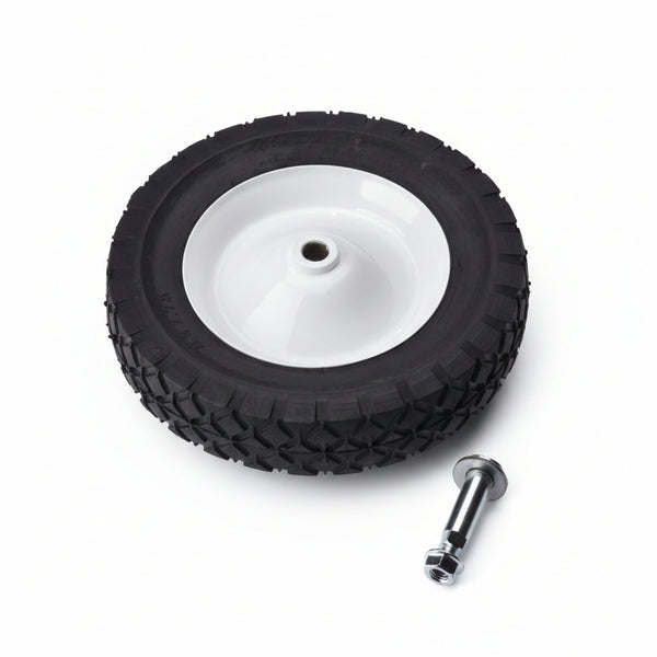 An image showing a single wheel kit which includes an 8-inch wheel and mounting hardware consisting of a wheel bolt, wheel bolt washers, and a flange nut.