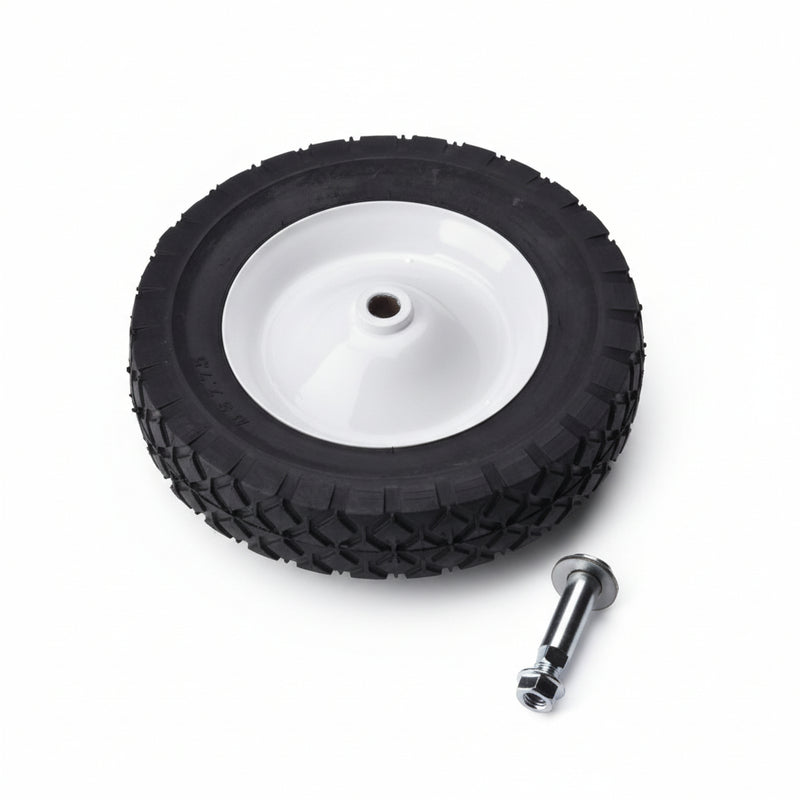 An image showing a single wheel kit which includes an 8-inch wheel and mounting hardware consisting of a wheel bolt, wheel bolt washers, and a flange nut.